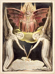 Un prêtre sur le trône du Christ, portant une tiare papale et des ailes de chauve-souris de 